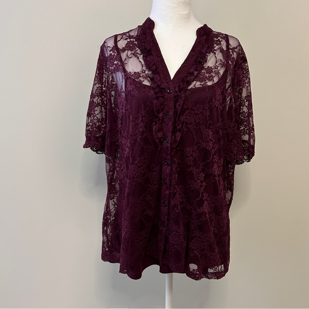 2 for $14 Women’s Size 16 Burgundy Tank Top with Lace T Shirt Overlay  *READ